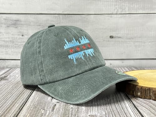 America State City Flag Hats - color: Chicago Illinois Skyline Flag (Army Green)