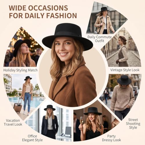 Unisex Classic Felt Fedora Hat, Wide Brim Pork Pie Derby Hat