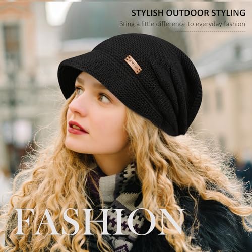 Womens Winter Beanie Hat,Fleece Lining Warm Knitted Slouchy Beanie Hats Cap with Visor - color: Purple