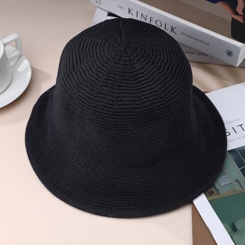 MILAKOO Crochet Bucket Hat Knit Braided Floppy Soild Color Cap for Women Foldable Sun Bowler Hat - color: A2: Black