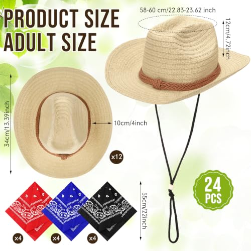 SATINIOR 12 Set Bandanas Straw Cowboy Hat - color: Beige, style: Braided Trim Style