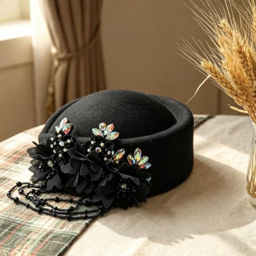 Women's Retro British Felt Headscarf Hat Church Derby Headdress with Floral Women's Soft Beret - color: 02 Black
