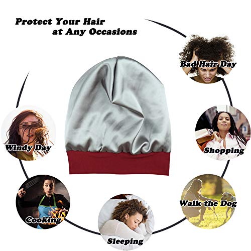 FocusCare Satin Lined Sleep Slouchy Cap Curly Girl Slap Headwear Gifts for Frizzy Hair Women - color: Dark Red