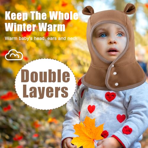 Toddler Winter Hat with Ear Flaps Baby Boy Hats Scarf Girls Balaclava Kids Polar Beanie Bear Neck Warmer - color: Button Beige, size: 6-60 Months