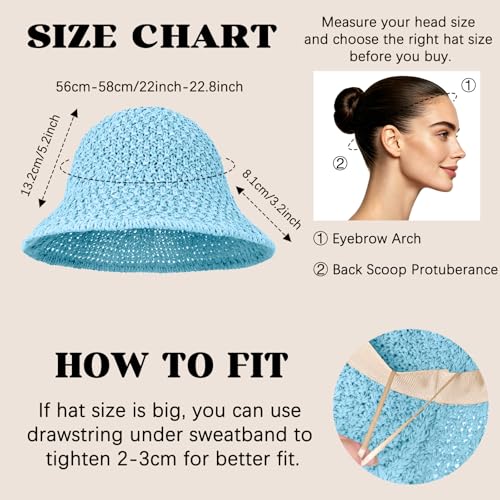Sun Hat for Women Summer Straw Beach Hats Bucket Hat Floppy Crochet Hat - color: Blue