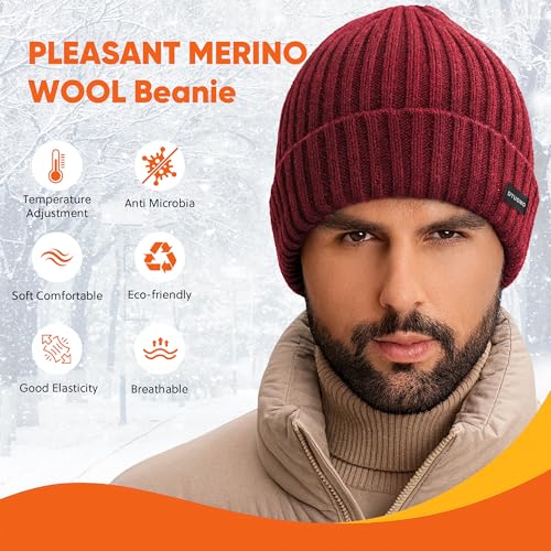 Winter Beanie Merino Wool Fleece Lined for Men Women Soft Warm Knit Hat Ski Stocking Cuffed Cap - color: Red
