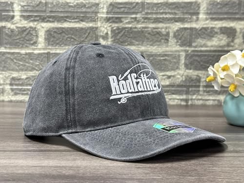 Fishing Baseball Cap for Men Women, Adjustable Embroidered Fish Hat - color: Rod Father (Washed Black)