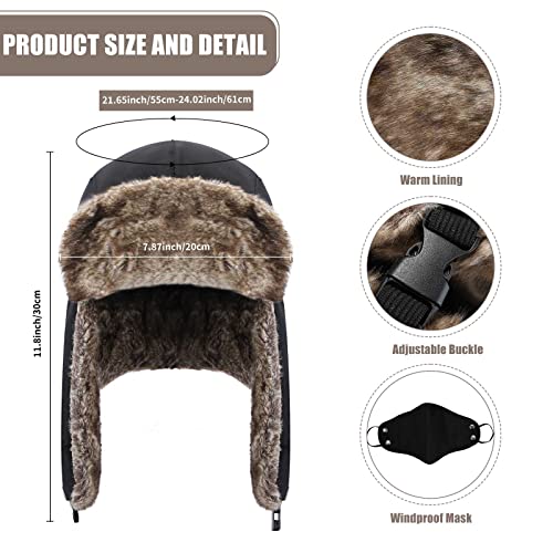 Zhehao Winter Trapper Hat Gloves Scarf Set for Men Waterproof Plush Lined Trapper Hat Touchscreen Glove Warm Soft Scarf - color: Black