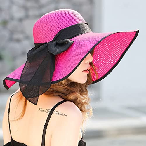 FSIGOM Women's Folable Floppy Hat,Wide Brim Sun Protection Straw Hat, Summer UV Protection Beach Cap - color: C1-e-rose Red, size: Large
