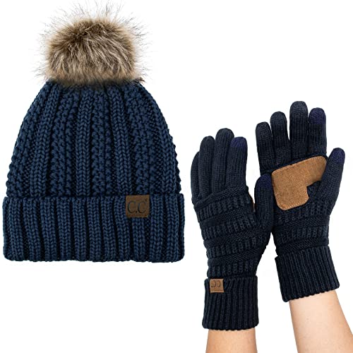 C.C Pom Cable Knit Beanie and Glove Set - color: Navy Blue