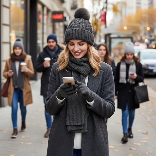 HUAMULAN Women Winter Knit Beanie Hat Circle Scarf Set Pompoms Ear Flaps - color: Gray With Scarf and Gloves