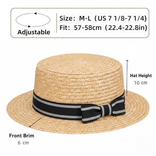 Classic Straw Boater Hat for Men and Women,Vintage Skimmer Flat Top Hat - color: Black White Ribbon