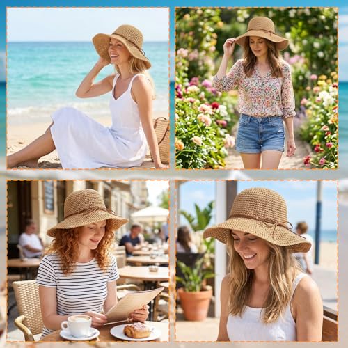 Straw Hat, Beach Hat and Sun Hat for Women, Foldable and Packable Design with Hand-Woven Bow, Ideal for Beach Outings, Travel and Outdoor Activities