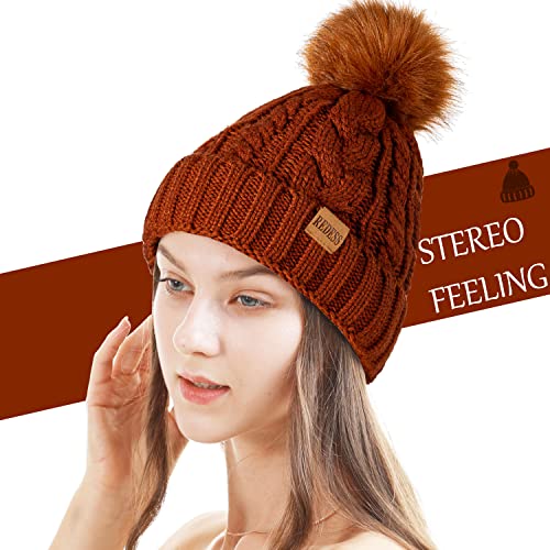 REDESS Women Winter Pompom Beanie Hat with Warm Fleece Lined Thick Slouchy Snow Knit Hat Skull Ski Cap - color: Caramel Color