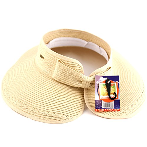 Beach Roll-Up Beach Straw Sun Visor Hat with Bow - color: Natrual