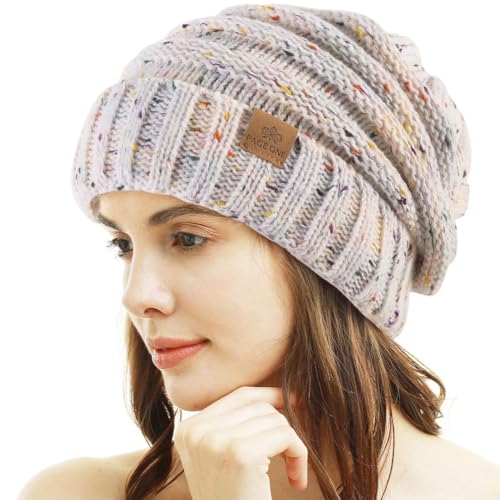 Womens Winter Beanie Warm Knit Hat Cable Stretch Trendy Ribbed Chunky Cap - color: Dot Black+dot Oat