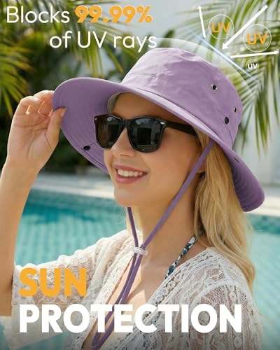 Women Sun Hat with Ponytail Hole Wide Brim Bucket Sun Protection for Summer - color: Light Purple