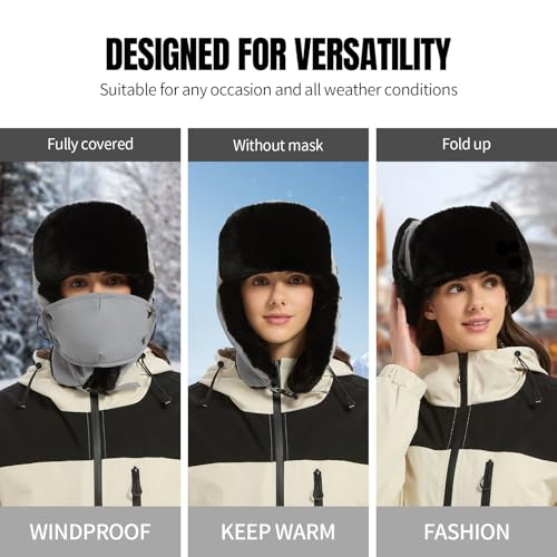 Heated Trapper Hat with 5V Rechargeable Battery, Warm Faux Fur Hunting Hat Outdoor Windproof Winter Hat for Men and Women - color: Dark Gray