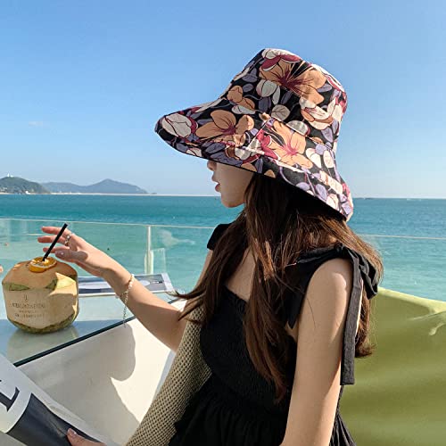 HUAMULAN Wide Brim Women Summer Sun Floppy Hat Reversible Beach Bucket Hat - color: M1744-black