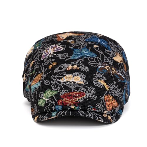 Quanhaigou Men's Cotton Flat Ivy Gatsby Newsboy Driving Hat Adjustable Irish Cabbie Ivy Driving Hunting Cap - color: Butterfly Black