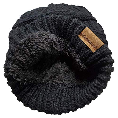 Novarena Thick Cable Knit Faux Fuzzy Fur Pom Fleece Lined Skull Cap Cuff Beanie - color: Black Beanie