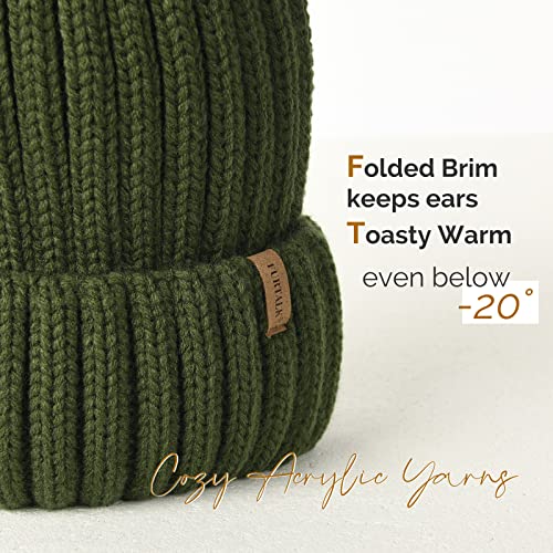 FURTALK Womens Winter Knitted Beanie Hat with Faux Fur Pom Warm Knit Skull Cap Beanie for Women - color: Pine Green