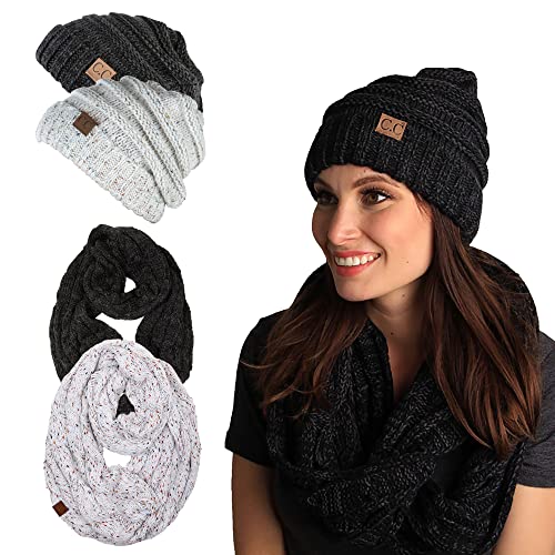 Funky Junque Slouchy Beanie & Infinity Scarf Gift Set – Matching Winter Accessories Sets for Women, Oversized Hat and Scarves - color: 2 Pack:confetti Ivory & Onyx Black