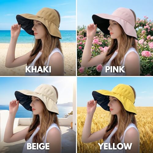 Sun Hats for Women UV Protection Wide Brim UPF 50+ Sun Visor Foldable Packable Empty Top Beach Hat Shell Hat Roll up Ponytail - color: Yellow#b