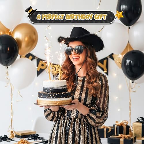 4E's Novelty Cowboy Hat with feathers With Heart Shaped Sunglasses for Women, Felt Cowgirl Hat for Party Costume Dress Up - color: Black