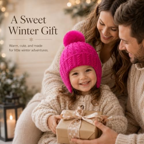 Toddler Baby Winter Hat with Earflap Kids Warm Twisted Knit Hat Infant Pom Pom Beanie Ski Cap for Baby Girls Boys - color: Rose Red, size: 6-24 Months
