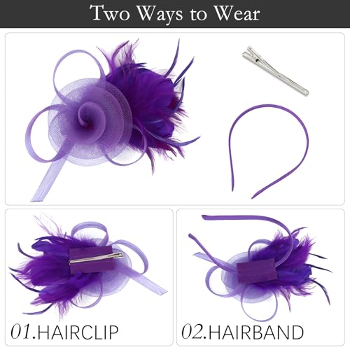 AMCAMI Fascinators Hats with Feather for Women 2026 Derby Hats Small Tea Party Hat with Headband - color: Purple