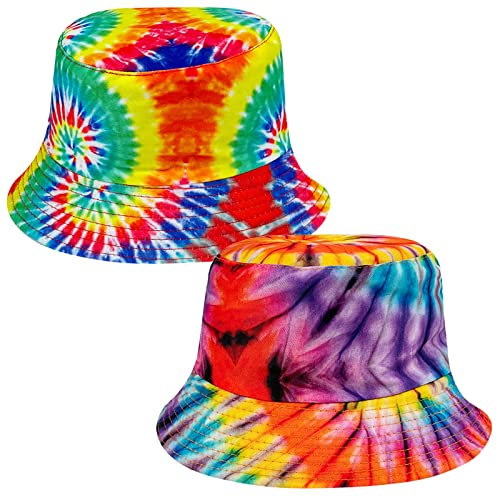 2pcs Tie Dye Bucket Hats 80s Hippie Hat Reversible Unisex Fisherman Cap Summer Sun Hat Outdoor Headwear
