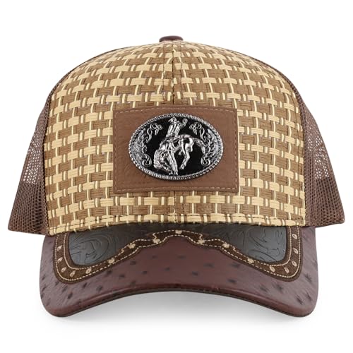 Straw Design Metallic Rodeo Cowboy Horse Metal Logo Trucker Mesh Baseball Cap - color: Dark Tan Brown