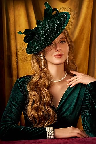 BABEYOND Fascinators Hats for Women Tea Party Velvet Veil Flat Derby Hat - color: Dark Green