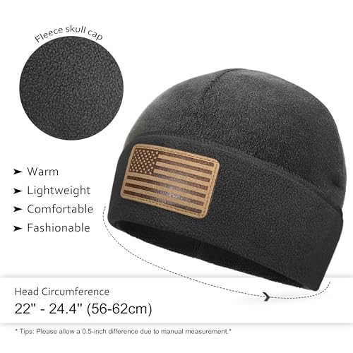 OUTDOOR SHAPING American Leather Flag Fleece Watch Cap, USA Multi-Season Army Military Tactical Beanie, Winter Warm Beanie - color: Fleece Black