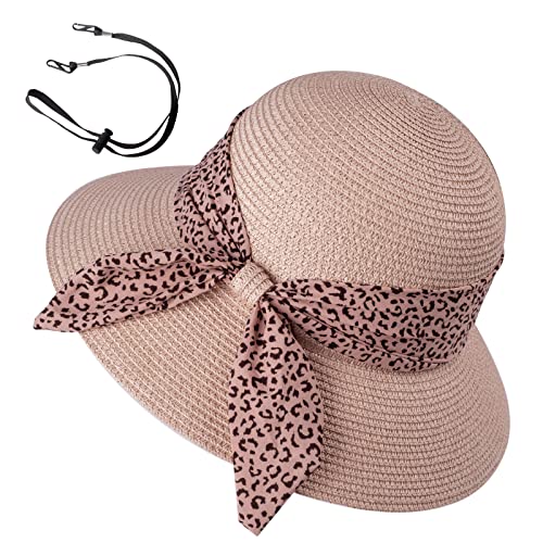 Womens Straw Sun Hat Summer Beach Wide Brim UV Protection Hats with Chin Strap Floppy Foldable Cute Bowknot UPF 50 Cap - color: Leopard Pink