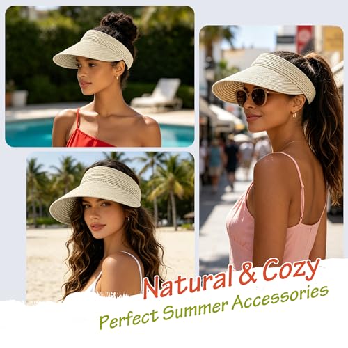 3 Pack Women Straw Sun Visor Hats, Wide Brim UV UPF 50+ Protection Beach Visor, Packable Adjustable Summer Hats for Traveling - color: Beige+beige+beige