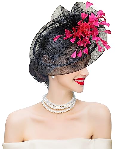 Z&X Sinamay Fascinator Hat Floral Feather Pillbox Derby Hats for Women Wedding Tea Party with Headband Clip - color: 003 Black