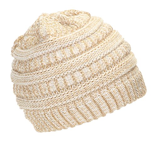 Gravity Threads Knit Soft Stretch Beanie Cap - color: Gold/Ivory