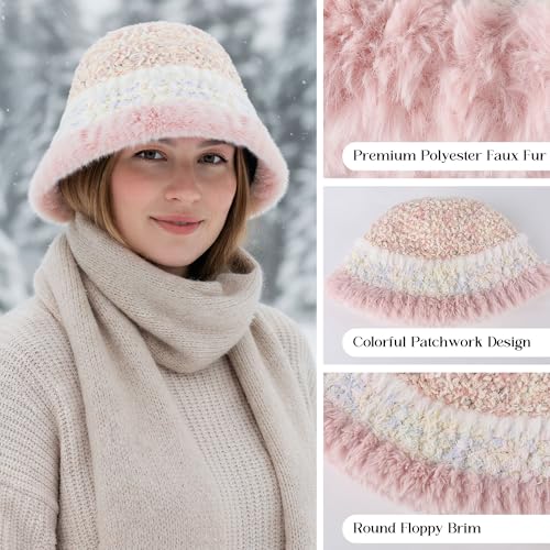 Fluffy Knit Bucket Hat Fisherman Cap Colorful Warm Cloche Caps for Big Head - color: Colorful Knit- Pink