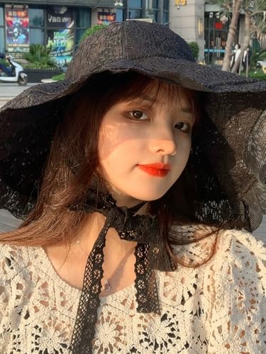 Ladies Floppy Lace Sun Hat Womens Foldable Wide Brim Fedoras UPF 50+ Summer Sun Visor Cap Large Beach Bucket Hat - color: Black