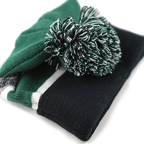 Winter Knit Beanie Hat with Pom Pom – Warm Cuffed Slouch Ski Cap for Men & Women - color: 1.black and D.green With Pom