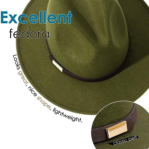 Fedora Hats for Men Wide Brim Panama Hat with Classic Belt - color: Oilve Green