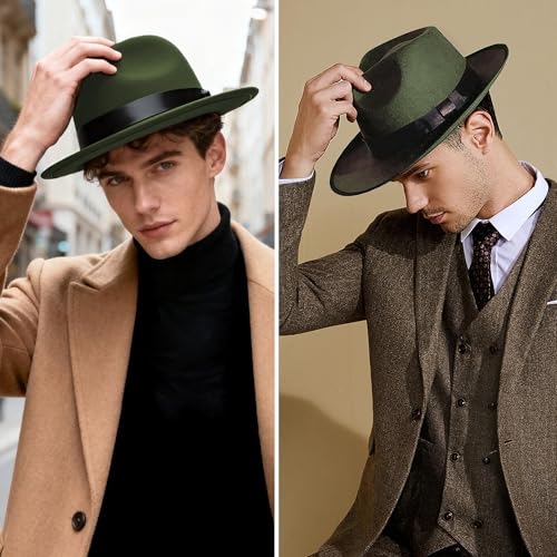 BABEYOND 1920s Fedora Hat for Men Gatsby Wide Brim Hat Felt Panama Cap - color: Dark Green