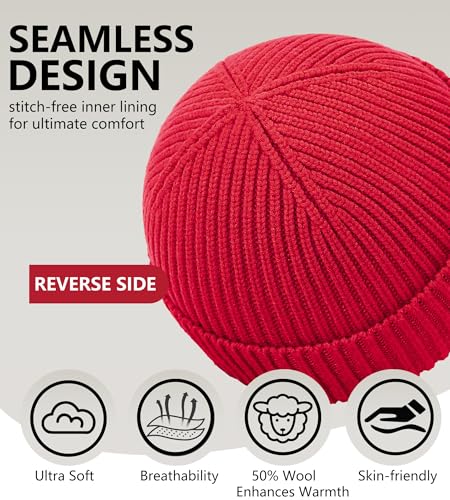 Seamless Beanie Hat for Men Women Wool Fisherman Beanies Winter Hats - color: Red
