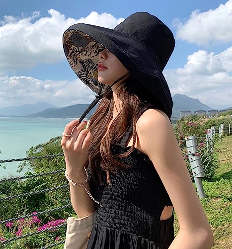 HUAMULAN Women Summer Vacation Wide Brim Sun Hat Reversible Fishing Hats - color: Black