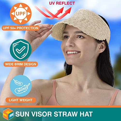SUN CUBE Women Sun Visor Hat, Straw Beach Hat Wide Brim UV Protection, Foldable Packable Cap, Roll Up Ponytail Summer Visor - color: Beige