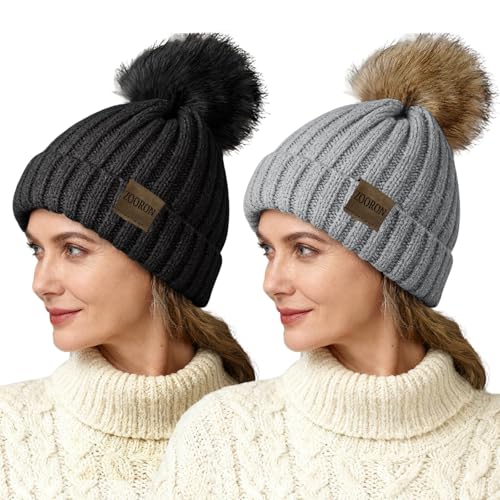 ZOORON Beanies for Womens Winter Knitted Beanies Hats with Faux Fur Pom Warm Knit Skull Cap - color: 2pack-black+light Gray