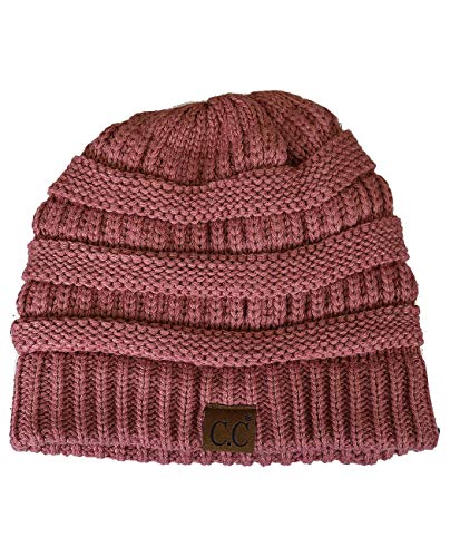C.C Unisex Chunky Soft Stretch Cable Knit Warm Fuzzy Lined Skully Beanie - color: Mauve
