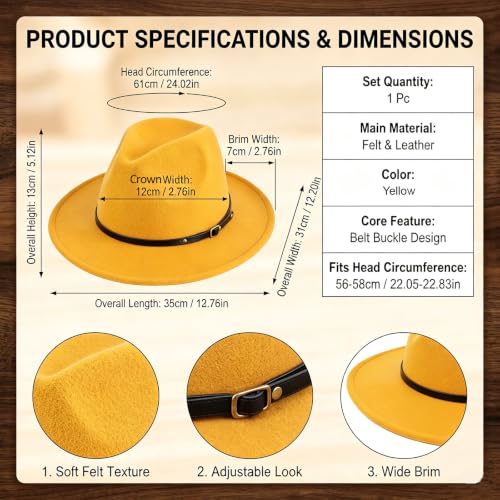 Unisex Adjustable Belt Buckle Wide Brim Fedora Hat, Felt Panama Hat for Men Women Formal Casual Wear - color: Yellow